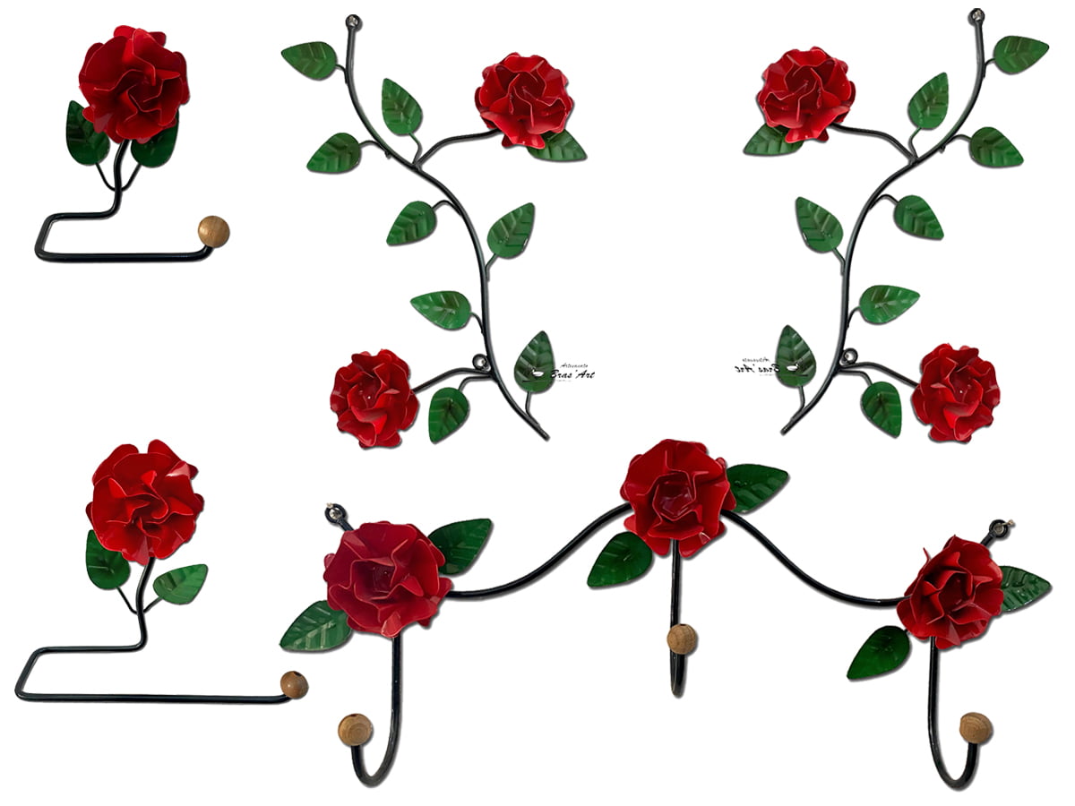 Kit decoração de parede  de ferro com flores vermelhas kit composto por duas flores decorativas de parede cabideiro 3 ganchos porta papel toalha porta papel higienico 