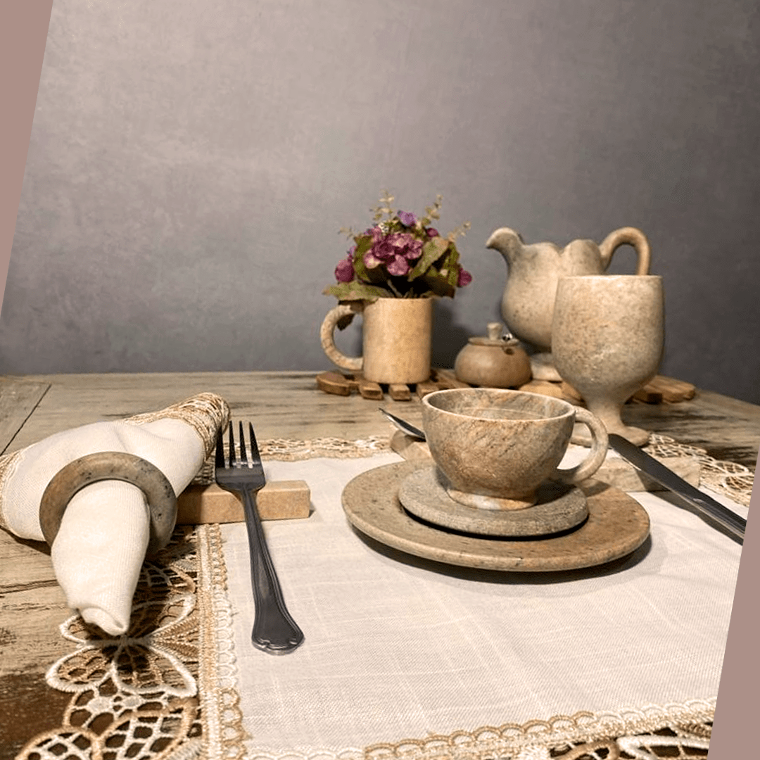 Jogo de Café da Manhã Rustico Medieval Na Pedra Sabão