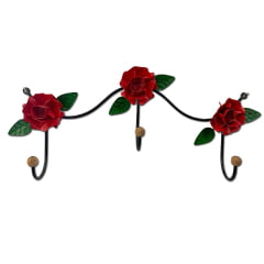Kit decoração de parede  de ferro com flores vermelhas kit composto por duas flores decorativas de parede cabideiro 3 ganchos porta papel toalha porta papel higienico 